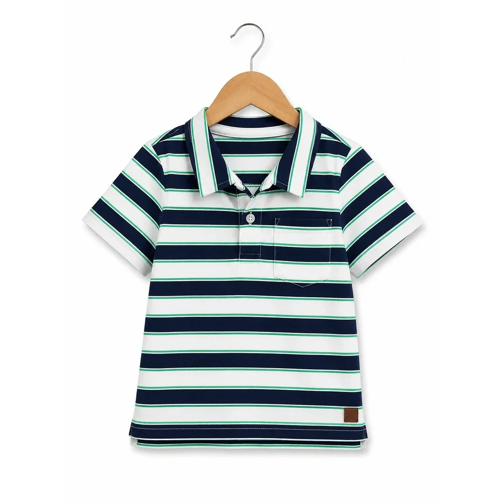 Janie & Jack Boys Shirt Size 4 Lighthouse Way Striped Polo Shirt White Teal Blue